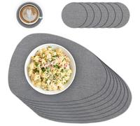 Oval Place Mat with Glass Coasters in Set of 8 - Place Mats for Dining Table & Kitchen Grey Mottled - Heat Resistant PVC Coasters Washable