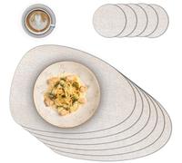 Oval Place Mat with Glass Coasters Set of 6 - Place Mats for Dining Table and Kitchen Beige Mottled - Heat Resistant PVC Coasters Washable