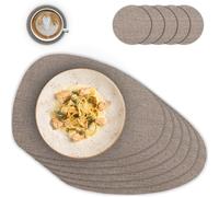 Oval Place Mat with Glass Coasters Set of 6 - Place Mats for Dining Table and Kitchen Brown Mottled - Heat Resistant PVC Coasters Washable