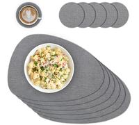Oval Place Mat with Glass Coasters Set of 6 - Place Mats for Dining Table and Kitchen Grey Mottled - Heat Resistant PVC Coasters Washable