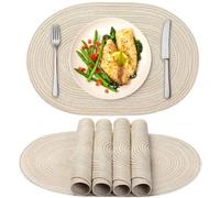 Oval Placemats, 20x14 Inch Woven Beige White Table Mat Heat-Insulated Decorative Table Mat Washable Reusable Polyester Cotton Placemat Oval Placemats Set of 6, Mats Set of 6