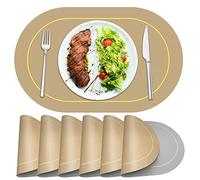 Oval Placemats Set of 6 - MYGCCA Leather Placemats for Dining Table Double Sided Color Wipeable Table Mats Heat Resistant Washable Placemats for Kitchen Wedding Restaurant Decorations (Gold, Grey)