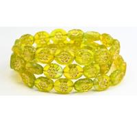 Oval Pressed Glass Beads with Flowers, Yellow Green Transparent Gold Lined (800250520-54202), Glass, Czech Republic (14 x 11 mm)