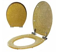 Oval Resin Toilet Seat Golden Glitter Cover, 42x36cm, Soft Close Toilet Seat with Quietly Close Lid and Seat, 360° Adjustable Stainless Steel Hinges, Top Mount, Easy to Install and Clean