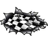 OVAL RIPPED OPEN TORN CARBON FIBER FIBRE Effect Design With Chequered Checkered Racing Flag Motif Vinyl Car Sticker 150x90mm
