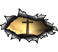 OVAL RIPPED OPEN TORN CARBON FIBER FIBRE Effect Design With Christian Crucifix Religious Cross Motif Vinyl Car Sticker 150x90mm