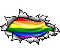 OVAL RIPPED OPEN TORN METAL Effect Design With LGBT Gay Pride Rainbow Flag Vinyl Car Sticker 150x90mm