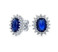 Oval Royal Blue Stud Earrings For Women Simulated Sapphire CZ Halo Crown .925 Sterling Silver