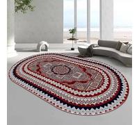 Oval Rug for Living Room Bedroom Bedside Short Pile Carpet Non Slip Washable Home Decor Retro traditional geometric floral design in multiple colors, red, 120 x 180cm