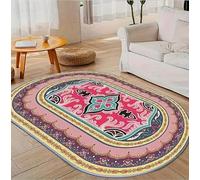 Oval Rugs For Living Room Anti Slip Carpet for Bedroom Dining Room Floor Decoration Carpets Mat Vintage traditional floral design in magenta, yellow, and pink, 70 x 140cm