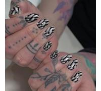 Oval Shape Artificial Nails Set Of 24 Black White Marble Pattern Glossy ABS Materials Wedding Party Essential Split Stripes False Nail With Rhinestones Accents