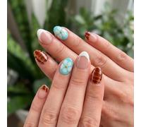 Oval-Shaped High-Gloss French Tip Press-On Nails - Reusable Blue Floral Brown Plaid Designs, Easy Application for Daily Wear or Special Occasions with Multiple Sizes for Comfortable Fit