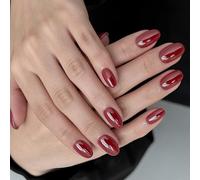 Oval Short Fake Nails Glossy Red Electroplated Surfaces Simple Yet Stylish Manicure Chip Resistant Artificial Nails Traditional Red Electroplated Fake Hoofs