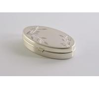 Oval Silver Metal Pill Box with Floral Design, Mirror and 2 Compartments, 6.5 x 3.5 x 1.5 cm