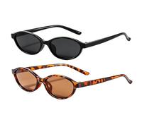 Oval Sunglasses Womens, Classic Black Frame with Grey Lenses and Leopard Print Frame with Brown Lenses, Two Pairs of Small Frame Oval Sunglasses for Everyday Wear and Fashionable Outfits, Durable and