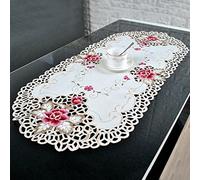 Oval Tablecloth White Embroidered Floral Lace Doily 40x85cm/16 x33-1pc
