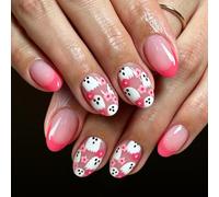Oval Wearable Manicure Set for Halloween, 24Pcs with French Tips, Glossy Nude Finish, White Character Art, Multi Size Tips