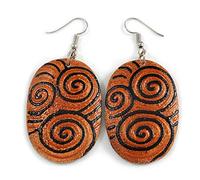 Oval Wood Drop Earrings in Light Brown/Black Colours - 70mm Long