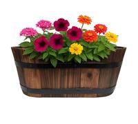 Oval Wooden Planter 32cm Burnt Wood Effect Garden Container Rustic Barrel Style Flower Herb Pot with Metal Banding for Outdoor Patio Balcony Use - With Drainage Hole (1, 32 cms (WOODAI))