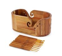 Oval Yarn Bowl, Crochet Yarn Holder with 9pcs Knitting Hooks, Yarn Storage Crochet Bowl Knitting for Crocheters, Large Yarn Bowl Acacia Wooden 11.3x5.9x4.7inch (Acacia Yarn Bowl)