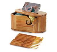 Oval Yarn Bowl, Crochet Yarn Holder with 9pcs Knitting Hooks, Yarn Storage Crochet Bowl Knitting Gift for Crocheters, Large Yarn Bowl Acacia Wooden 11.3x5.9x4.7inch (Acacia Yarn Bowl with Lid)