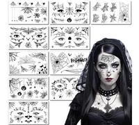 Ovanda 10 Sheets Black Spider Tattoos with Spider Web Face Temporary Tattoo Cobwebs Adhesive Tattoos Scary Face Stickers for Halloween Tattoo Face, Adhesive Tattoos, Decoration Halloween Children