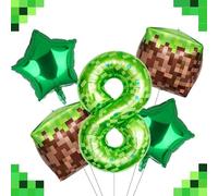Ovanda Balloon 8, Pixel Motif Giant Green Pixel Miner Theme Number Balloon, Grass Blocks Balloon, Pack of 5 100 cm XXL Foil Balloon 8, Decoration Birthday Boy, Balloon 8, Birthday 8 Years Boy