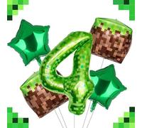 Ovanda Balloons Birthday 4, Pixel Motif Giant Green Pixel Miner Theme Number Balloon, Grass Blocks Balloon, Pack of 5, 100 cm XXL Foil Balloon 4, Birthday Decoration Boy 4 Years, Balloon Green