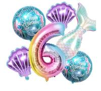 Ovanda Mermaid Balloons 6 Years, 6 Piece Foil Balloon Set with XXL Number 6, Shell, Mermaid Tail & Happy Birthday Balloons, Birthday Decoration Girls Children's Birthday Underwater Party