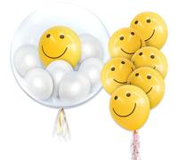 Ovanda Smiley Balloon Set, Balloons with Smiley Face, Yellow Balloon with Printed Smiley Faces, Latex Balloons, Helium Balloons, Foil Helium Balloons, Party Balloons, Yellow