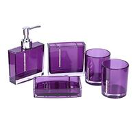 OVAQUIXI 5 Piece Purple Acrylic Bathroom Accessories Set - Toothbrush Holder, Soap Dish, Lotion Bottle & 2 Tumblers, Waterproof Organiser for Home & Hotel Decor
