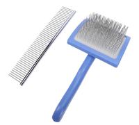 OVAQUIXI Dog Deshedding Grooming Brush Pet Hair Removal Tool with 45° Angled Design Ergonomic Handle Slicker Brush Rake Comb for Poodles Bichons Labradoodles Goldendoodles (Blue)