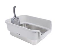 OVAQUIXI Large Cat Litter Box, Stainless Steel Top Entry High Sided Litter Pan with Half Enclosed Design for Big Cats, Easy to Clean (Light Grey)