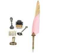 OVAQUIXI Vintage Feather Pen Set, Smooth Writing Instrument for Calligraphy Enthusiasts with Stamp and Ink Bottle (Light Pink)
