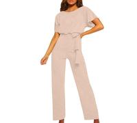 OVARA Jumpsuits for Women UK Elegant Short Sleeve Romper Playsuit Ladies Plain Casual Sraight Leg All In One Jumpsuit Summer Comfy Classic One Piece Pants Onesies with Belt
