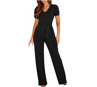 OVARA Jumpsuits Women Short Sleeve Elegant Casual One Piece Playsuit Ladies 2024 Summer Comfy Plain Romper Pants Slim Fit V Neck All In One Jumpsuits for Daily Work Wear