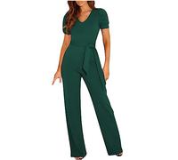 OVARA Jumpsuits Women Short Sleeve Elegant Casual One Piece Playsuit Ladies 2024 Summer Comfy Plain Romper Pants Slim Fit V Neck All In One Jumpsuits for Daily Work Wear