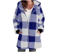 OVARA Long Fleece Jacket Women Zip Up Hooded Fluffy Coat with Pocket Ladies Checked Overcoat Longline Sherpa Winter Jackets Outdoor Casual Thick Thermal Teddy Coats