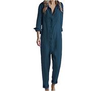OVARA Long Sleeve Jumpsuit for Women Casual All In One Paysuit with Pocket Full Body Straight Leg Button Down Shirt Rompers Ladies Summer Slim Fit One Piece Pants Onesies