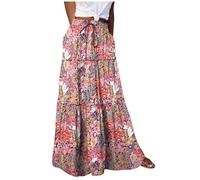 OVARA Womens Boho Skirt Full Length Vintege Gypsy Maxi Skirts Elasticated High Wiasted Flowy A Line Long Skirt with Drawtring for Ladies Casual Travel Beach
