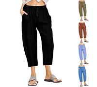 OVARA Womens Capri Pants Cotton Linen Cropped Trousers Summer Elasticated Waist 3/4 Length Pull On Trousers Plus Size Lounge Casual 3 Quarter Shorts with Pocket