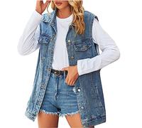OVARA Womens Denim Gilet Ladies Longline Denim Waistcoat Sleeveless Lapel Vest Jacket Streetwear Y2K Casual Button Down Cowgirl Waist Coat with Pockets