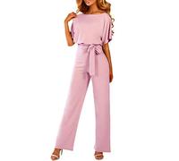 OVARA Womens Jumpsuit Elegant Short Sleeve Romper Playsuit Ladies Plain Casual Sraight Leg All In One Jumpsuits Summer Comfy Classic One Piece Pants Onesies with Belt