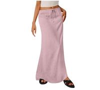 OVARA Women's Maxi Skirt Elastic High Waist Long Skirts Vintage Elegant Full Length Linen Skirt Ladies Summer Plain Drawstring Casual Beach Skirts