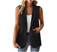 OVARA Women's Sleeveless Blazers Ladies Waistcoats Casual Lapel One Button Elegant Work Office Suit Waist Coat with Pockets Plain Loose Fit Sleeveless Dressy Gilet