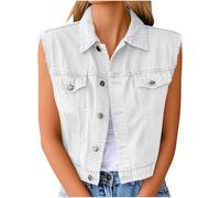 OVARA Womens Sleeveless Denim Jacket Casual Cropped Denim Waistcoat Button Up Lapel Lightweight Gilet Ladies Solid Color Going Out Streetwear Summer Jackets