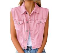 OVARA Womens Sleeveless Denim Jacket Casual Cropped Denim Waistcoat Button Up Lapel Lightweight Gilet Ladies Solid Color Going Out Streetwear Summer Jackets