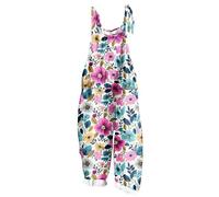 OVARA Womens Summer Jumpsuit Sleeveless Floral Printed Casual Dungarees Adjustable Straps Lightweight Rompers Playsuits Ladies Comfy Loose Fit Y2K Overalls with Pockets