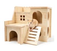 OVBOVA Hamster House Wooden 2-Tier Hideout and Platform for Cage, Multi-Chamber Small Pet Shelter with Climbing Area, Space-Saving Wooden Hide Accessories for Syrian Dwarf Hamsters Gerbils