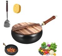 Oveallgo Japanese Iron Pan, Handmade Multifunctional Non-Accelerated Cooking Wok with Anti-Scratch Handle, Cookware 24/28 cm Diameter (28cm + Wooden lid)